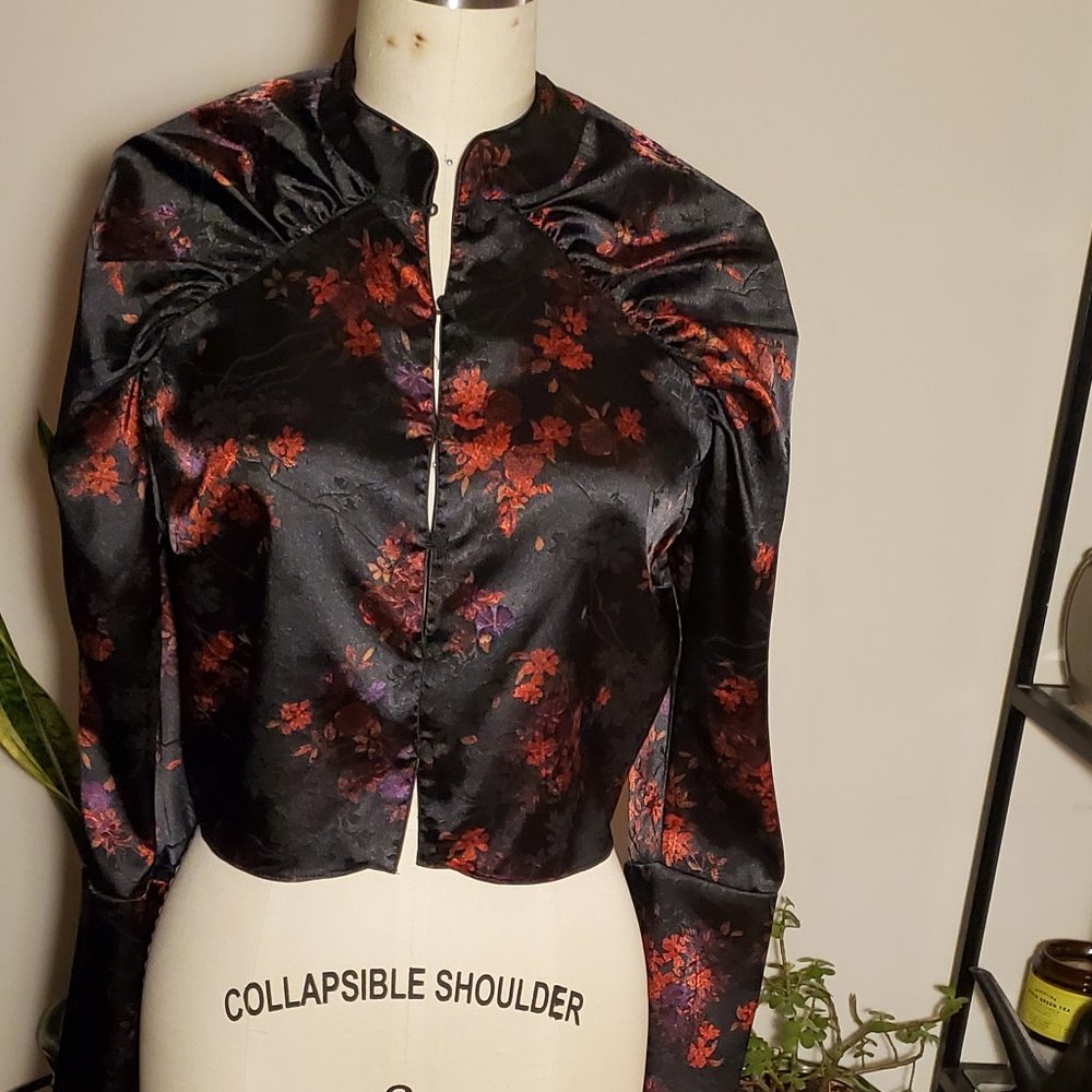 Zara Asian inspired black, red, purple floral top, fits like a small